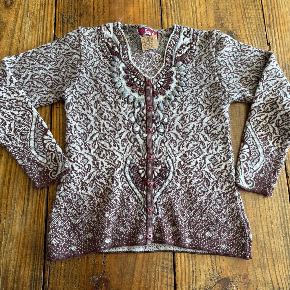 Oster Embellished Boho Knit Beaded Cardigan Sweater Top Gray Beige Burgundy